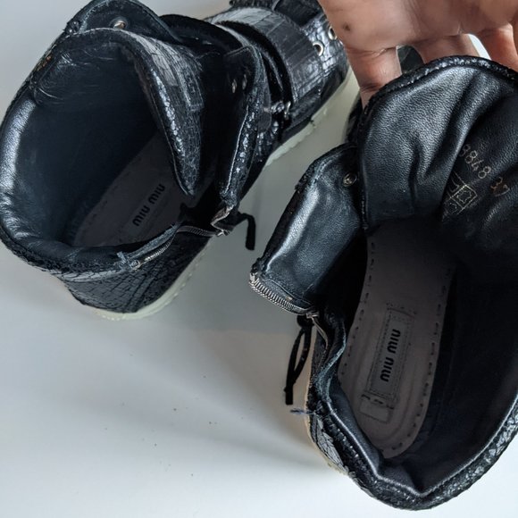 MIU MIU Black Leather High Top Sneaker Donna Cracle - Picture 7 of 12